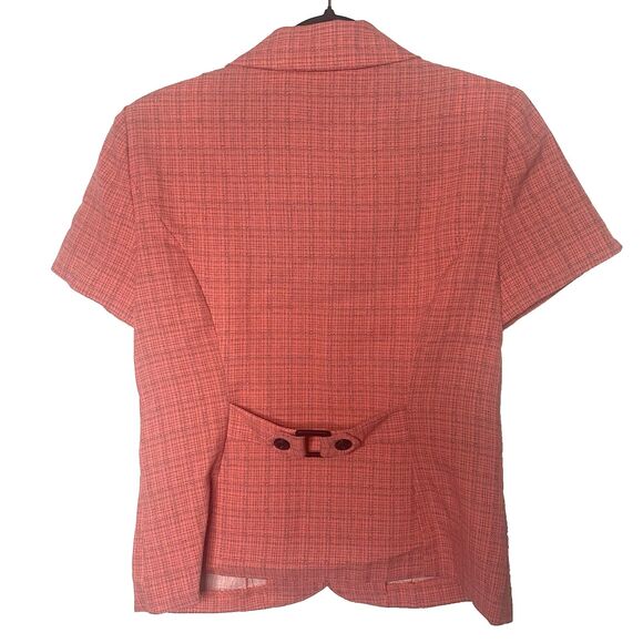 PERCEPTIONS PETITE Blouse Plaid Fitted Waist Tab Short Sleeve Womens 10P Peach - Picture 2 of 8